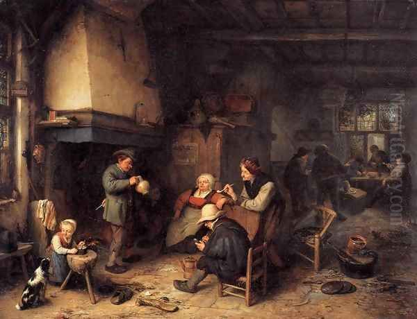 Peasants in an Interior Oil Painting by Adriaen Jansz. Van Ostade