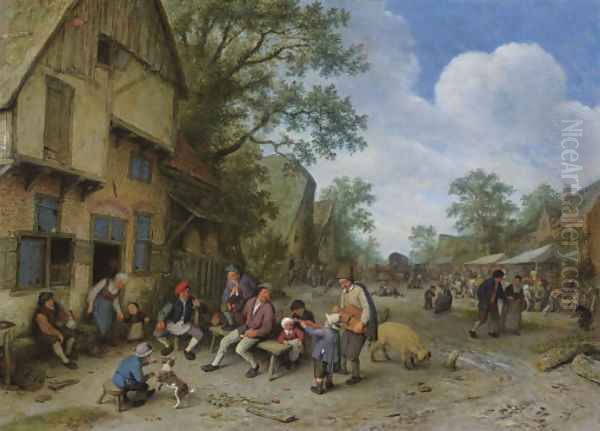 A village street with a hurdy-gurdy player and a violinist playing outside a tavern Oil Painting by Adriaen Jansz. Van Ostade