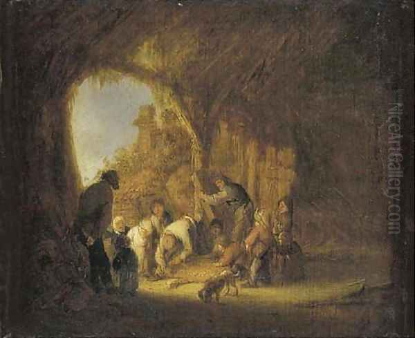 Peasants in a barn Oil Painting by Adriaen Jansz. Van Ostade