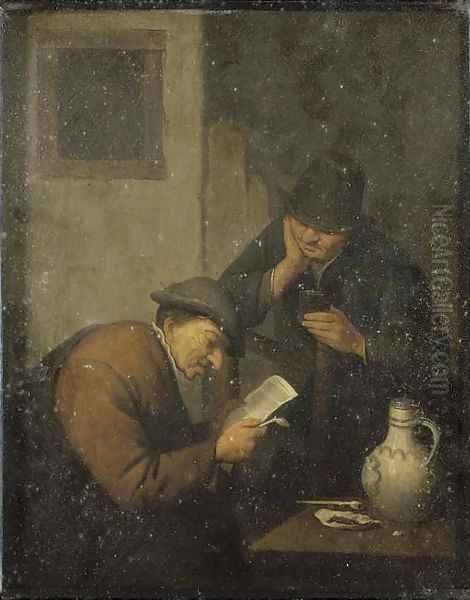 Two peasants at a table in an interior Oil Painting by Adriaen Jansz. Van Ostade