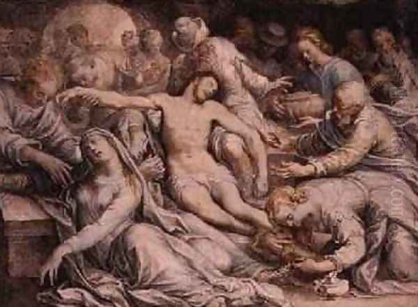 The Lamentation over the Dead Christ 1585 Oil Painting by Isaac Oliver