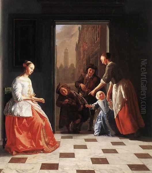 Street Musicians at the Doorway of a House 1665 Oil Painting by Jacob Ochtervelt