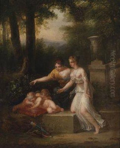 Two Nymphs And Sleeping Putti In A Park Landscape Oil Painting by Angelica Kauffmann