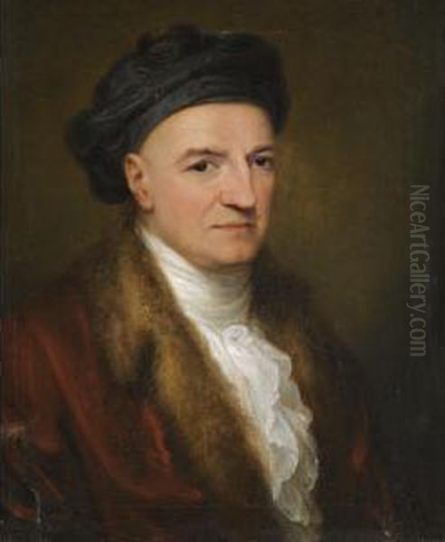 Portrait Of Giovanni Volpato 
(1735-1803), Half Length, Wearing A Red Fur-lined Jacket And Black Hat Oil Painting by Angelica Kauffmann