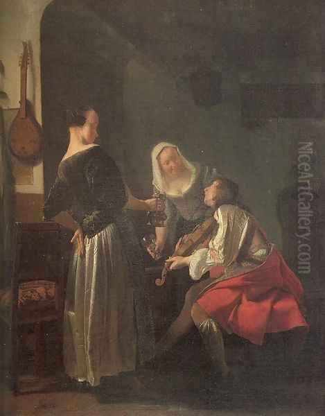 Violinist and Two Serving Women 1663-65 Oil Painting by Jacob Ochtervelt