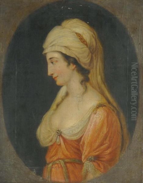 Portrait Of A Lady, Small 
Half-length, In Profile, In A Pink Dress With White Chemise And White 
Turban, In A Feigned Oval Oil Painting by Angelica Kauffmann