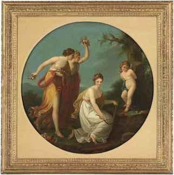 Three Muses With Cupid In A Landscape Oil Painting by Angelica Kauffmann