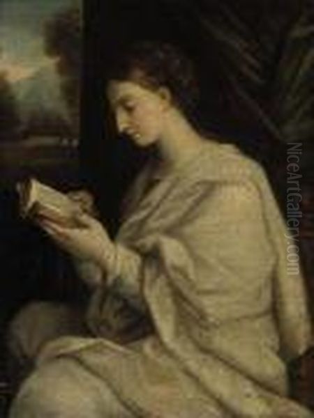 A Lady Reading In An Interior Oil Painting by Angelica Kauffmann