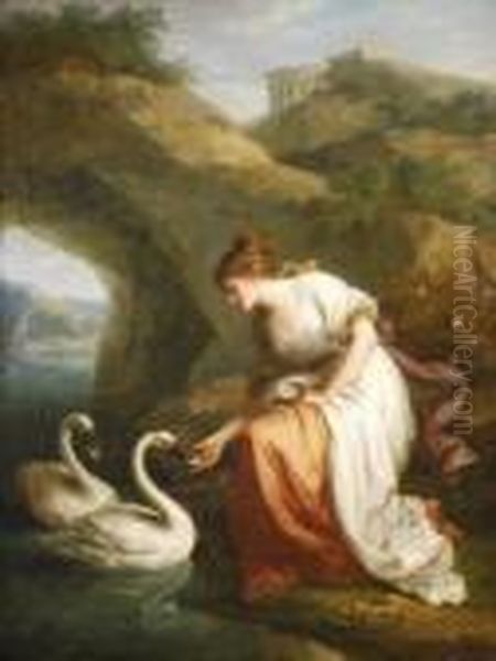 Immortality: A Nymph Presiding 
In The Temple Ofimmortality, Receives From The Swans To Be Placed In The
 Saidtemple, The Few Names They Had Saved Of Those Whom An Aged Man Had
 Thrown Into The River Lethe Oil Painting by Angelica Kauffmann