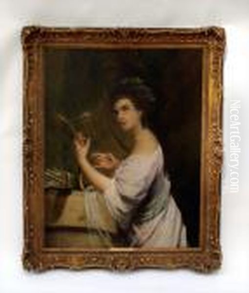 Portrait Of A Lady Playing A Harp In Carved Antique Gilt Frame Oil Painting by Angelica Kauffmann