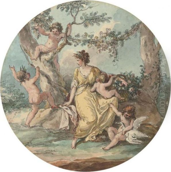 A Lady In A Yellow Dress Surrounded By Disporting Cherubs In A Landscape Oil Painting by Angelica Kauffmann