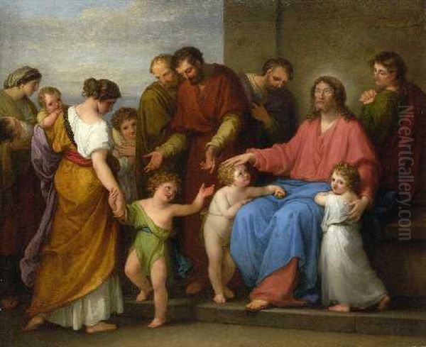 Lasset Die Kindlein Zu Mir Kommen - Christus Segnet Die Kinder. Oil Painting by Angelica Kauffmann