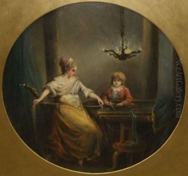 Interior Scene With Woman And Young Child Working At A Loom Oil Painting by Angelica Kauffmann