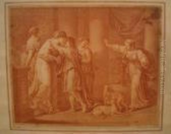 Figures And Dogs In A Classical Interior Oil Painting by Angelica Kauffmann