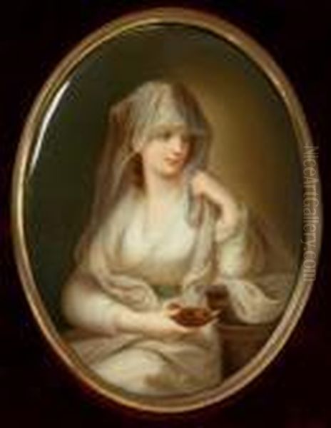 Wearing A White Draped Dress And Head Dress Oil Painting by Angelica Kauffmann