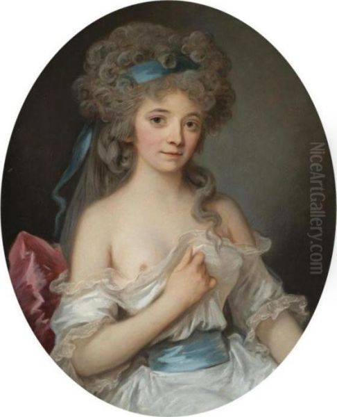 Portrait Of A Young Lady, 
Half-length, Wearing A White Dress With Ablue Ribbon In Her Hair Oil Painting by Angelica Kauffmann