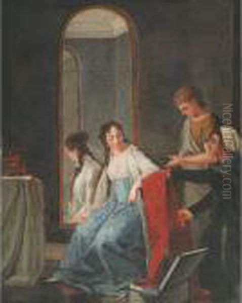 A Lady And Attendants In Her Dressing Room Oil Painting by Angelica Kauffmann