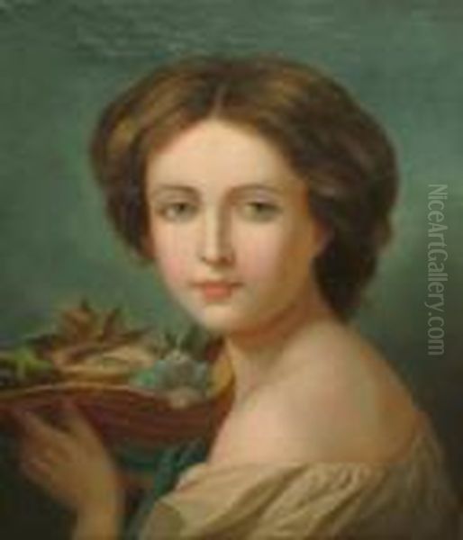 Ra -- Portrait Of A Young Woman, Head And Shoulders, Holding A Birds Nest In A Bonnet Oil Painting by Angelica Kauffmann