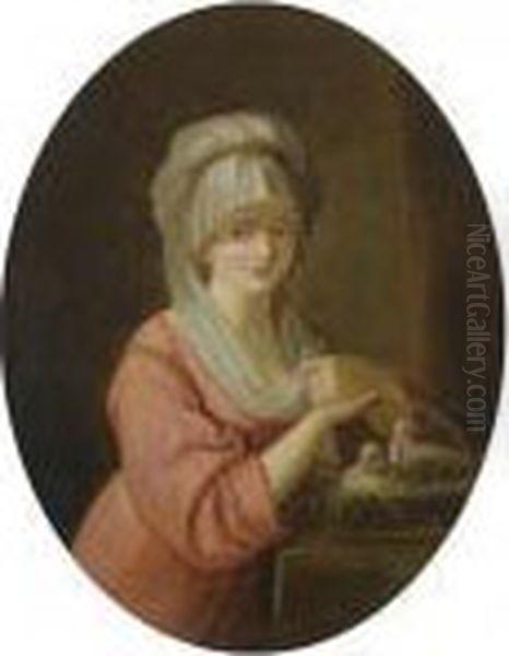 A Young Lady Holding A Basket Of Doves Oil Painting by Angelica Kauffmann