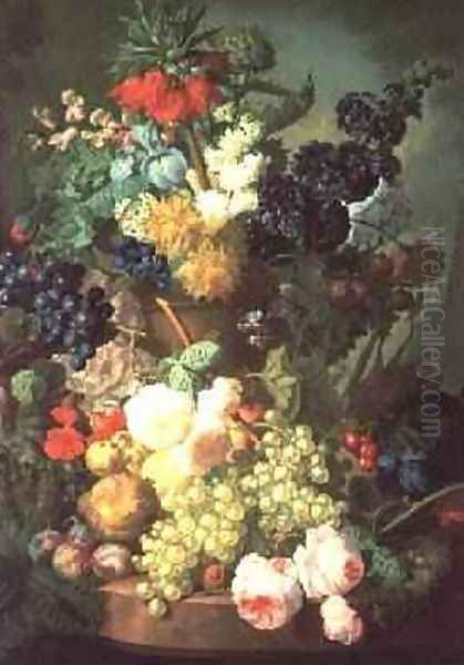 Still Life Mixed Flowers and Fruit with Birds Nest Oil Painting by Jan van Os