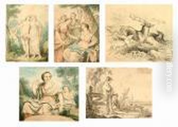 Three Unframed Watercolours Of 
Classical Scenes, Together With A Pencil Drawing, Bears Signature 
Koekkoek And Another Oil Painting by Angelica Kauffmann