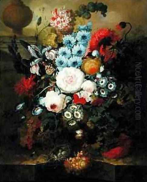 Carnations, Morning Glory, Roses, Auriculas, Hyacinth and Other Flowers with a Birds Nest on a Marble Ledge Oil Painting by Jan van Os