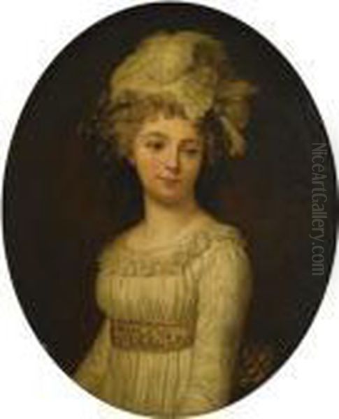 Portrait A Mi-corps D'une Dame Avec Une Plume Et Un Fichu Blancs Oil Painting by Angelica Kauffmann