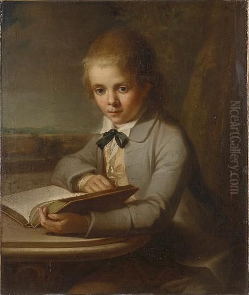 Portrait Of George Brodrick, 4th
 Viscount Midleton, Aged 12, Half-length, In A Grey Coat And Yellow 
Waistcoat, Holding An Open Book At A Table, A Landscape With A View Of 
Peper Harow, Near Godalming, Surrey, Beyond Oil Painting by Angelica Kauffmann