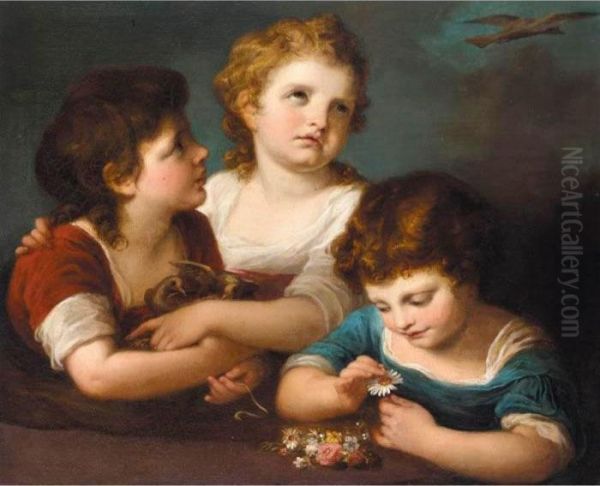 Children With A Bird's Nest And Flowers Oil Painting by Angelica Kauffmann