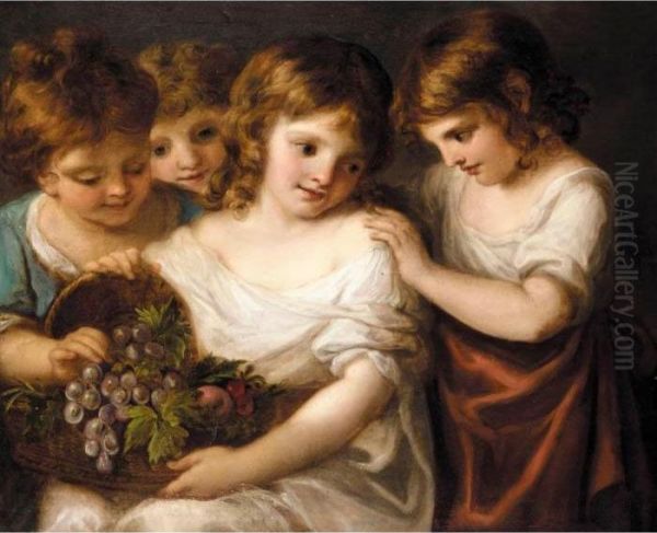 Four Children With A Basket Of Fruit Oil Painting by Angelica Kauffmann