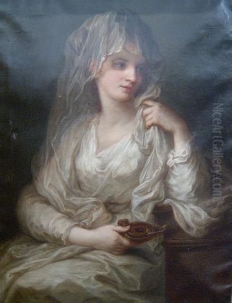 Portrait Of A Lady As Tuccia, The Vestal Virgin, Holding An Oillamp Oil Painting by Angelica Kauffmann