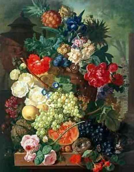 Mixed Flowers and Pineapples in an Urn with a Bird's Nest and a Cat Oil Painting by Jan van Os