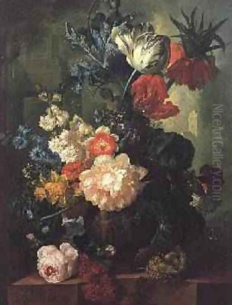 Roses, Tulips, Carnations and other flowers in a sculptured urn Oil Painting by Jan van Os