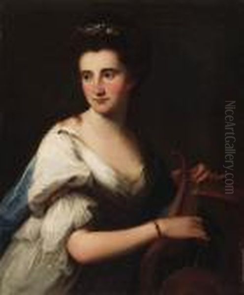 Portrait Of Mrs. Cubley As 
Terpsichore, Half-length, In A Whitedress And A Blue Wrap, Playing A 
Lyre Oil Painting by Angelica Kauffmann