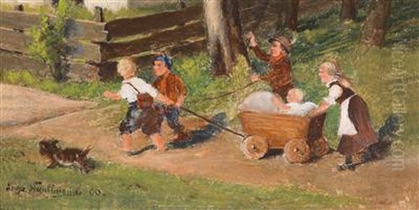 Kinder Mit Wagen Oil Painting by Hugo Kauffmann