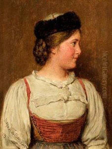 Portrait Eines Bauernmadchens In Oberbayerischer Tracht Oil Painting by Hugo Kauffmann