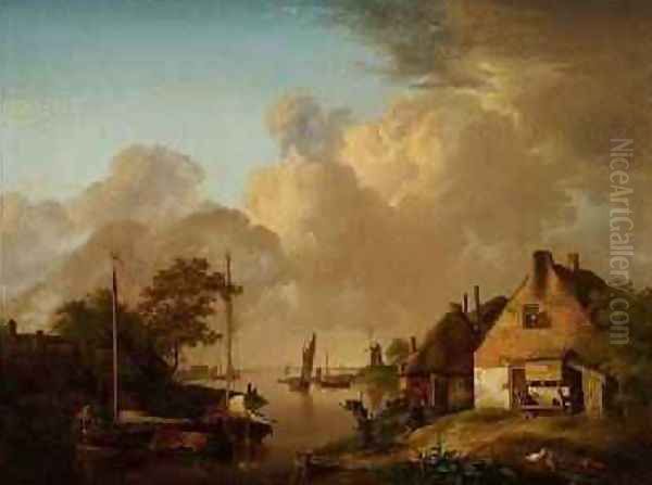 River landscape with village, barges and peasants Oil Painting by Jan van Os