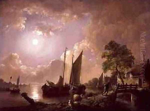 Moonlit river landscape Oil Painting by Jan van Os