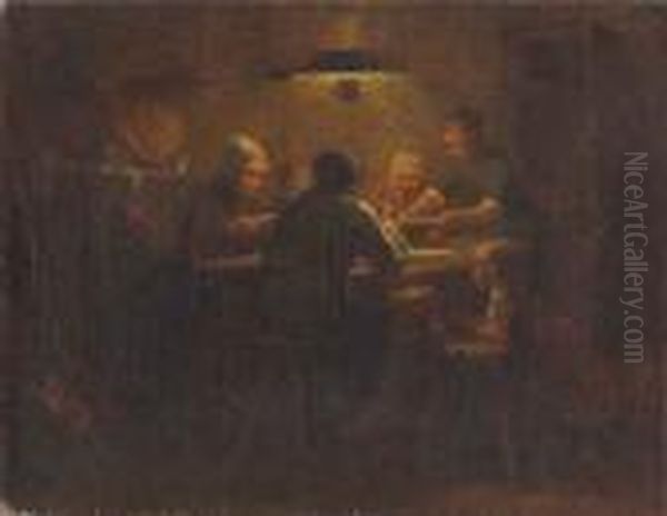 Zufriedene Bauernfamilie Am Abendtisch Oil Painting by Hugo Kauffmann