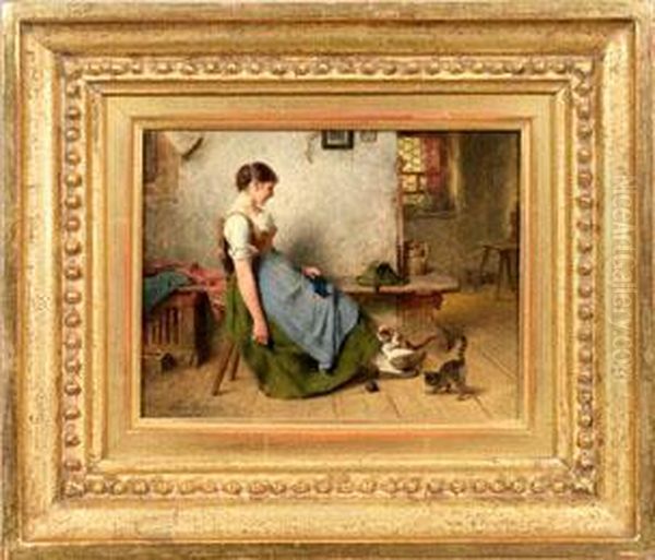 Madel Mit Katzen Spielend Oil Painting by Hugo Kauffmann