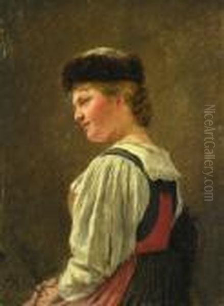 Darstellung Einer Jungen Frau 
Auf Einem Hocker Sitzend. Die Kopfbedeckung Mit Pelzbesatz In Dirndl. Oil Painting by Hugo Kauffmann