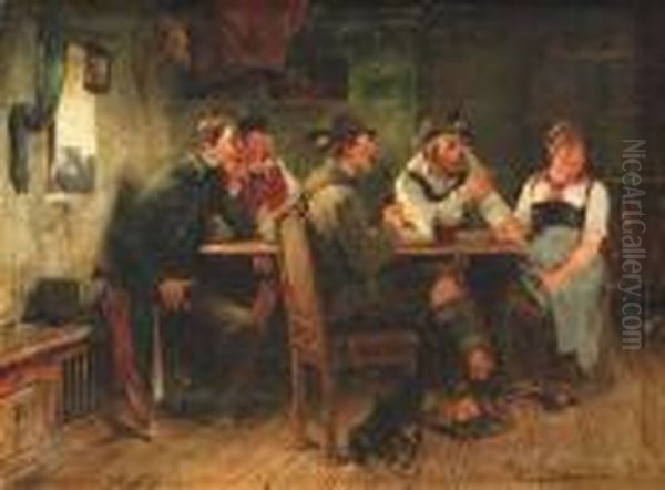 In A Tavern Four Men Are Flirting With A Young Girl Oil Painting by Hugo Kauffmann