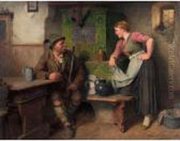 Bursch Und Madel Am Ofen (gossiping By The Stove) Oil Painting by Hugo Kauffmann