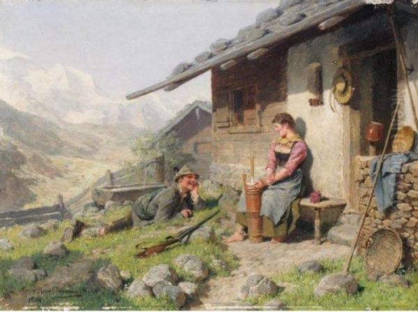 Vor Der Almhutte (outside The Mountain Hut) Oil Painting by Hugo Kauffmann