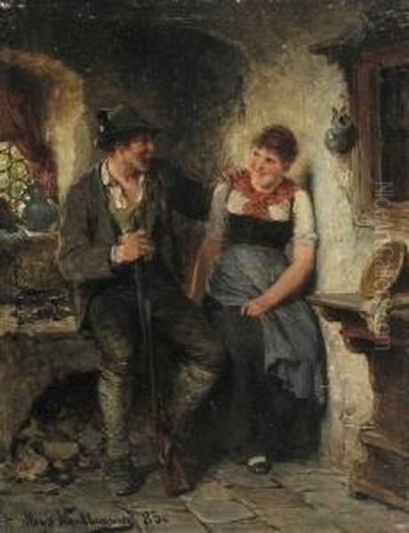 Jager Und Dirndl In Der
 Stube. Oil Painting by Hugo Kauffmann