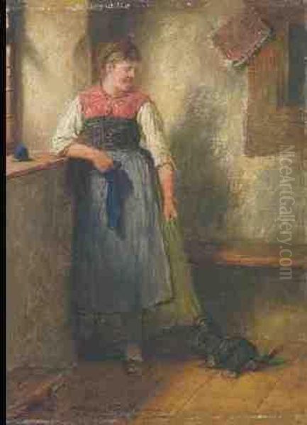 Dirndl Mit Dackel Am Fenster Oil Painting by Hugo Kauffmann