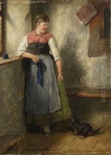 Dirndl Mit Dackel Am
 Fenster. Oil Painting by Hugo Kauffmann