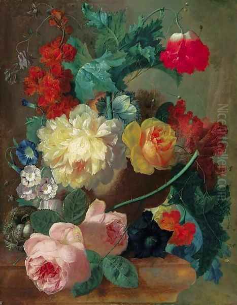 Roses, a poppy, bougainvillea, peonies, morning glory, primulas and a coxcomb in a terracotta vase with a bird's nest on a marble ledge Oil Painting by Jan van Os