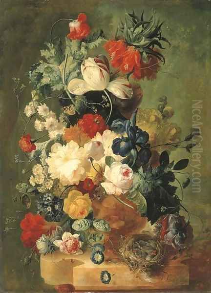 Pink and yellow roses, peonies, an iris, tulips, primulas, hyacinths, a poppy, a coxcomb, fritillaries and other flowers in a sculpted urn with a bird Oil Painting by Jan van Os