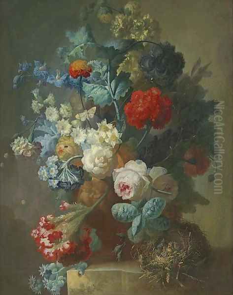 Roses, cineria, cockscombe, auricula, hops, hollyhocks, narcissi, helichrysum, geum and a carnation in a sculpted vase with chicks in a nest Oil Painting by Jan van Os